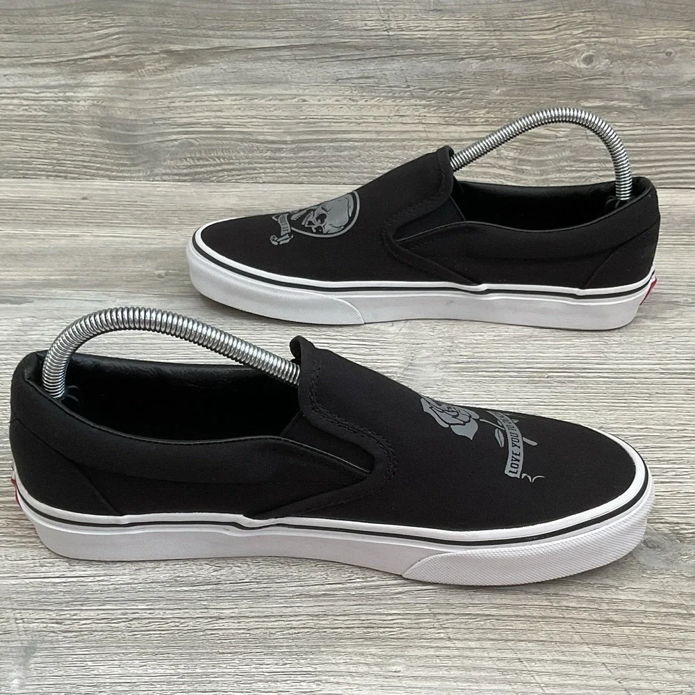 VANS Slip On Love You To Death Black Silver Canvas Shoes Womens Size 10 Mens 8.5